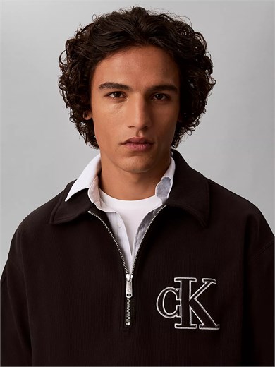 Calvin Klein Erkek Regular Fit Çift Örme Fitilli Kumaş Fermuarlı Polo Yaka Uzun Kollu Siyah Sweatshirt LV04RH216G-UB1