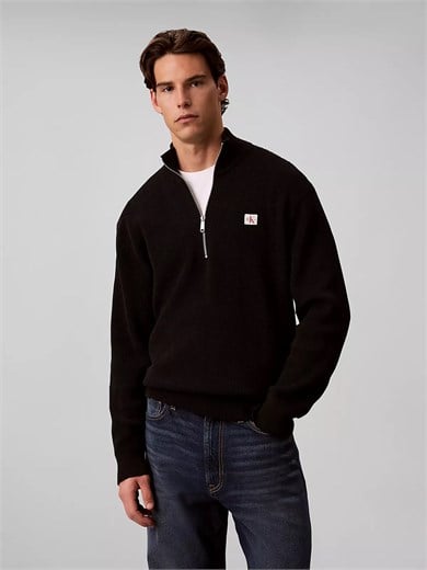 Calvin Klein Erkek Regular Fit Pamuklu Örgü Balıkçı Yaka Yarım Fermuarlı Uzun Kollu Siyah Kazak LV04RH327G-UB1