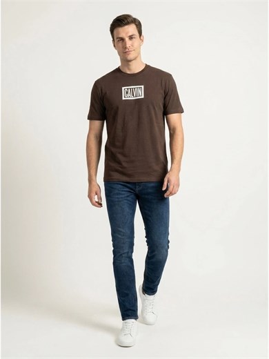 Calvin Klein Erkek Regular Fit Kutu Logo Grafik Baskılı Bisiklet Yaka Kısa Kollu Kahverengi T-Shirt LV04RH818G-WFM