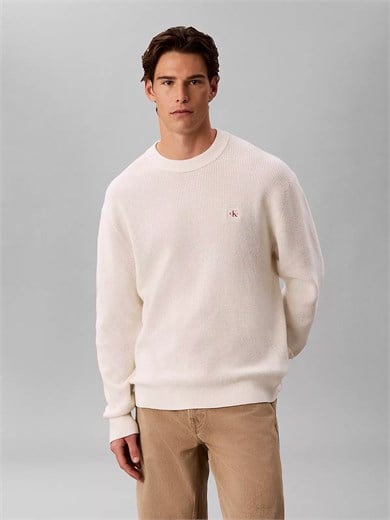 Calvin Klein Erkek Uzun Kol Bisiklet Yaka Calvin Klein Baskı Desen Pamuklu Ekru Kazak LV04RH326G-YAS