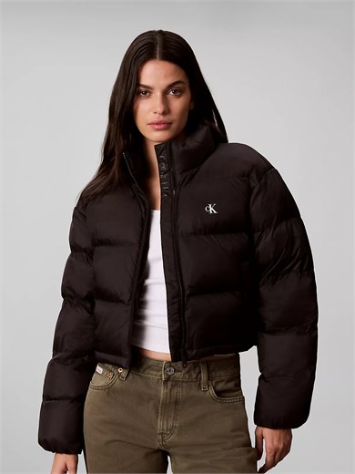Calvin Klein Kadın Crop Fit Kapitoneli Su İtici Dik Yaka Şişme Siyah Mont LV047H503G-UB1