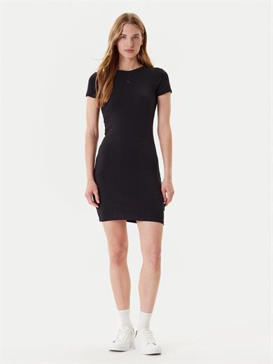 Calvin Klein Kadın Dar Kesim Yuvarlak Yakalı Kısa Kollu CK Logo İşlemeli Mini Siyah Elbise LV047B266G-UB1