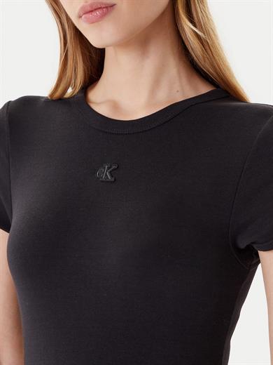 Calvin Klein Kadın Dar Kesim Yuvarlak Yakalı Kısa Kollu CK Logo İşlemeli Mini Siyah Elbise LV047B266G-UB1