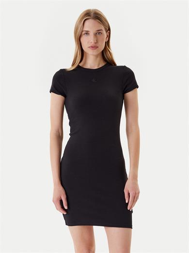 Calvin Klein Kadın Dar Kesim Yuvarlak Yakalı Kısa Kollu CK Logo İşlemeli Mini Siyah Elbise LV047B266G-UB1