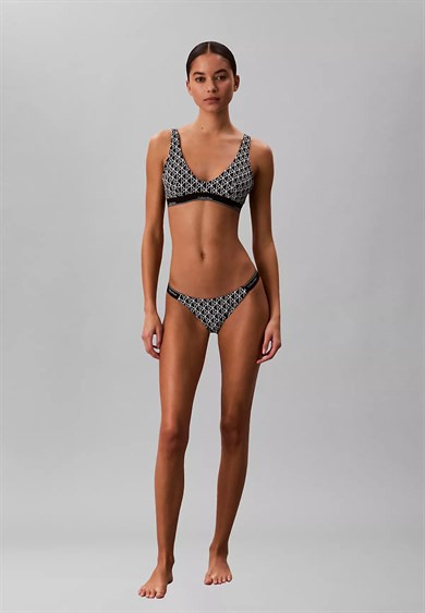 Calvin Klein Kadın Kalın Askı CK Yazı Desenler Slim fit Süngerli Siyah Bikini Üstü LV00Q61207-32N