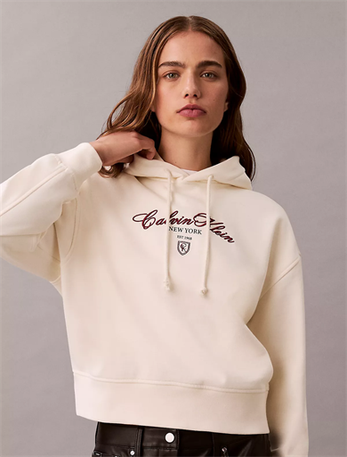 Calvin Klein Kadın Kapüşonlu Yaka CK Baskılı Uzun Kollu Rahat Kesim Beyaz Sweatshirt LV047E208G-YAT