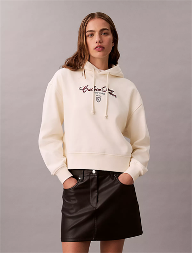 Calvin Klein Kadın Kapüşonlu Yaka CK Baskılı Uzun Kollu Rahat Kesim Beyaz Sweatshirt LV047E208G-YAT
