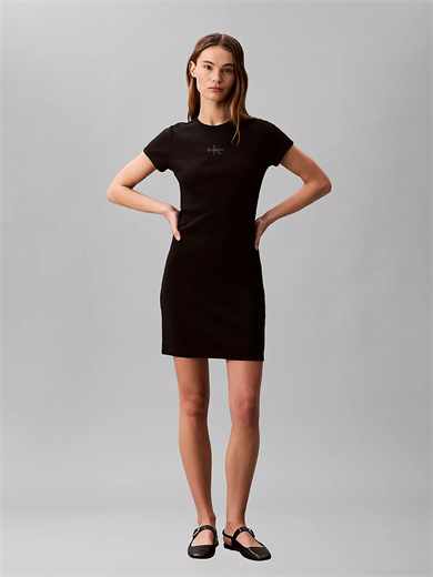 Calvin Klein Kadın Kısa Kol Düz Bisiklet Yaka Midi Boy Siyah Elbise LV047F241G-UB1