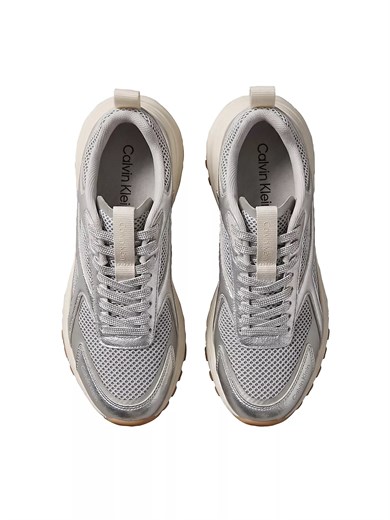 Calvin Klein Kadın Metalik Detaylı File ve Deri Karışımlı CK Şerit Logolu Gri Sneaker HW0HW03251-0IP