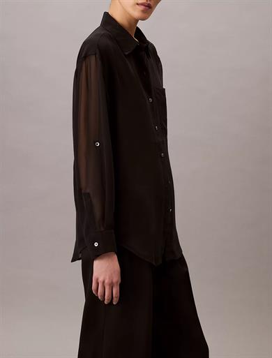 Calvin Klein Kadın Normal Kalıp Kolları Tül Detaylı Siyah Gömlek LV044B902G-UB1