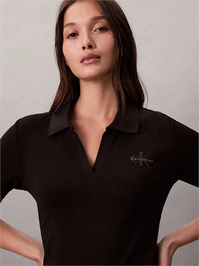 Calvin Klein Kadın Normal Kalıp Yuvarlak Yakalı Logo Nakışlı Örme Mini Siyah Elbise LV047H319G-UB1