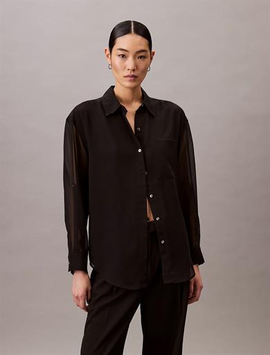 Calvin Klein Kadın Normal Kalıp Kolları Tül Detaylı Siyah Gömlek LV044B902G-UB1