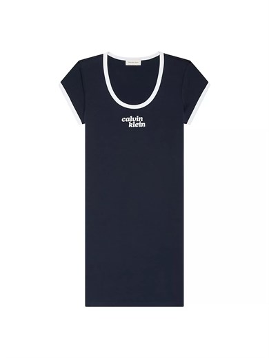 Calvin Klein Kadın Normal Kalıp Yuvarlak Yakalı Logo Baskılı Kısa Kollu Mini Lacivert Elbise LV047G212G-CEF