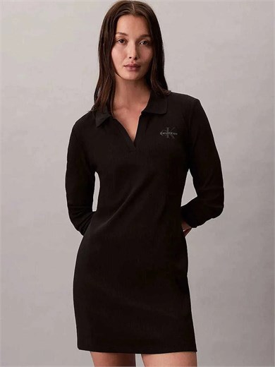 Calvin Klein Kadın Normal Kalıp Yuvarlak Yakalı Logo Nakışlı Örme Mini Siyah Elbise LV047H319G-UB1