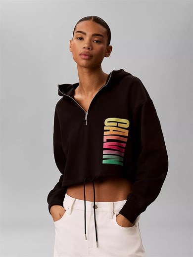 Calvin Klein Kadın Rahat Kalıp Yarım Fermuarlı Kapüşonlu Uzun Kollu Crop Siyah Sweatshirt LV047G291G-UB1
