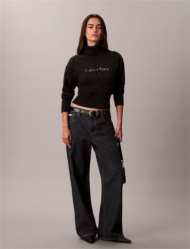 Calvin Klein Kadın Rahat Kalıp Balıkçı Yaka Esnek Pamuklu Logo Nakışlı Uzun Kollu Siyah Kazak LV047H329G-UB1