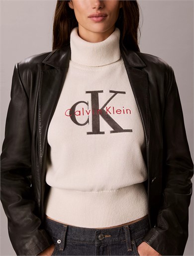 Calvin Klein Kadın Rahat Kalıp Balıkçı Yaka Esnek Pamuklu Logo Nakışlı Uzun Kollu Krem Kazak LV047H329G-YAS
