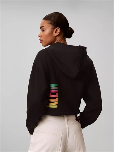 Calvin Klein Kadın Rahat Kalıp Yarım Fermuarlı Kapüşonlu Uzun Kollu Crop Siyah Sweatshirt LV047G291G-UB1