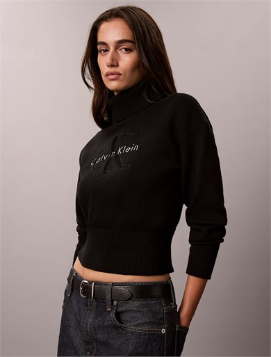 Calvin Klein Kadın Rahat Kalıp Balıkçı Yaka Esnek Pamuklu Logo Nakışlı Uzun Kollu Siyah Kazak LV047H329G-UB1
