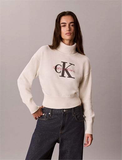 Calvin Klein Kadın Rahat Kalıp Balıkçı Yaka Esnek Pamuklu Logo Nakışlı Uzun Kollu Krem Kazak LV047H329G-YAS