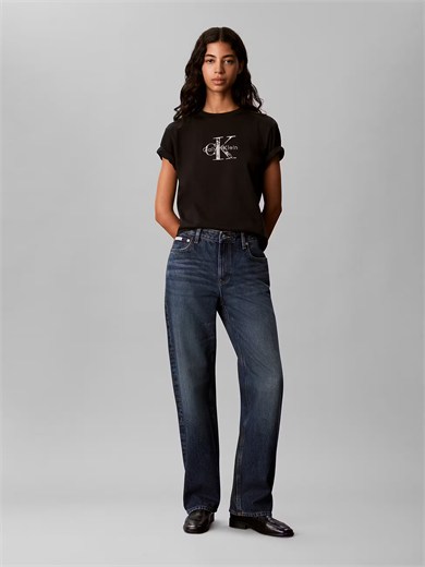 Calvin Klein Kadın Regular Fit Yuvarlak Yakalı Pamuklu Logo Nakışlı Kısa Kollu Siyah T-Shirt LV047H802G-UB1