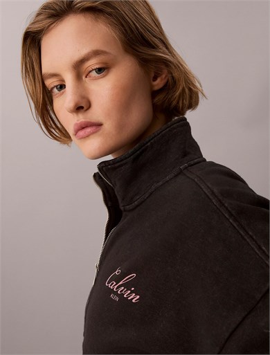 Calvin Klein Kadın Regular Fit Yarım Fermuarlı Pamuklu Düşük Omuzlu Uzun Kollu Siyah Sweatshirt LV047H239G-UB1