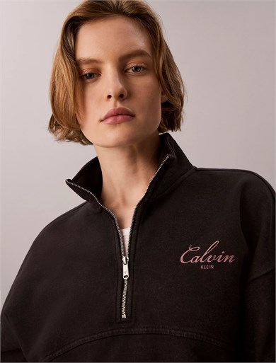 Calvin Klein Kadın Regular Fit Yarım Fermuarlı Pamuklu Düşük Omuzlu Uzun Kollu Siyah Sweatshirt LV047H239G-UB1