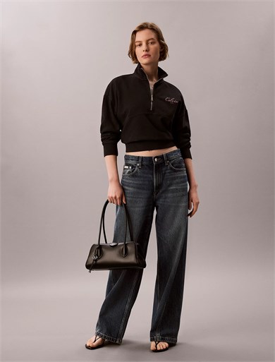 Calvin Klein Kadın Regular Fit Yarım Fermuarlı Pamuklu Düşük Omuzlu Uzun Kollu Siyah Sweatshirt LV047H239G-UB1