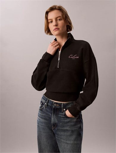 Calvin Klein Kadın Regular Fit Yarım Fermuarlı Pamuklu Düşük Omuzlu Uzun Kollu Siyah Sweatshirt LV047H239G-UB1