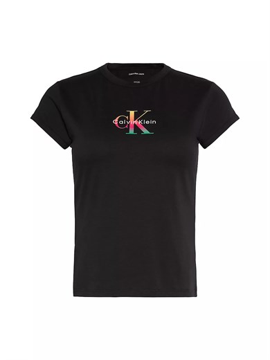 Calvin Klein Kadın Slim Fit Yuvarlak Yakalı Pamuklu CK Logo Baskılı Kısa Kollu Siyah T-Shirt LV047G832G-UB1