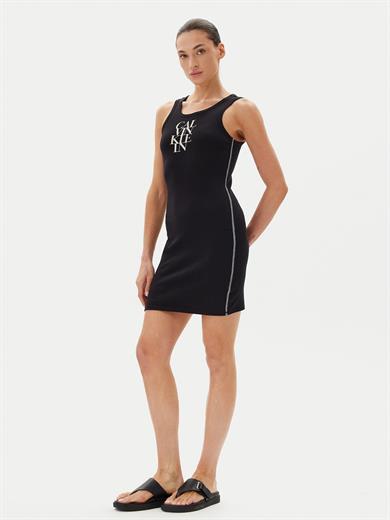 Calvin Klein Kadın Slim Fit Yuvarlak Yakalı Askılı Logo Baskılı Pamuklu Mini Siyah Elbise LV044C203G-UB1