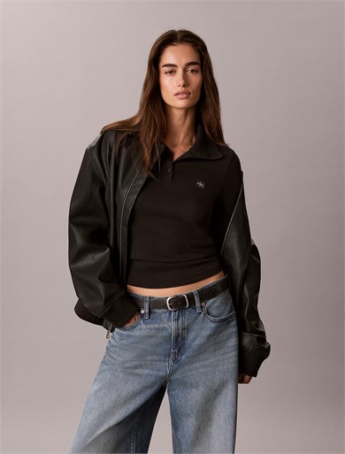 Calvin Klein Kadın Slim Fit CK Logo Etiketli Örme Kumaş Uzun Kollu Siyah T-Shirt LV047H203G-UB1