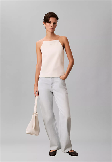 Calvin Klein Kadın Slim Fit Dar İp Askılı Pamuklu Düz Dokuma Kumaş Krem Bluz LV044F206G-YAS