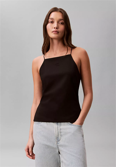 Calvin Klein Kadın Slim Fit Dar İp Askılı Pamuklu Düz Dokuma Kumaş Siyah Bluz LV044F206G-UB1