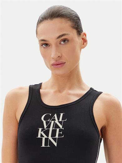 Calvin Klein Kadın Slim Fit Yuvarlak Yakalı Askılı Logo Baskılı Pamuklu Mini Siyah Elbise LV044C203G-UB1