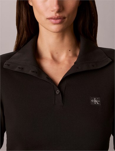 Calvin Klein Kadın Slim Fit CK Logo Etiketli Örme Kumaş Uzun Kollu Siyah T-Shirt LV047H203G-UB1