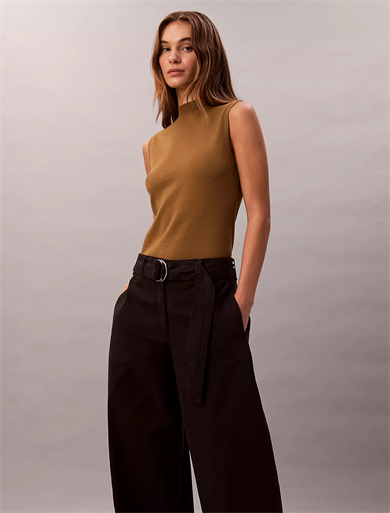 Calvin Klein Kadın Yüksek Bel Geniş Paça Belde Kemer Detay Dokuma Kumaş Siyah Pantolon LV044E619G-UB1