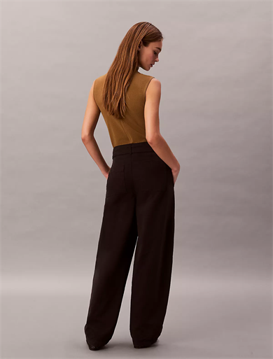 Calvin Klein Kadın Yüksek Bel Geniş Paça Belde Kemer Detay Dokuma Kumaş Siyah Pantolon LV044E619G-UB1