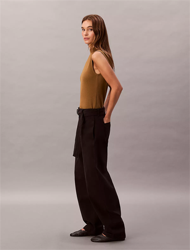 Calvin Klein Kadın Yüksek Bel Geniş Paça Belde Kemer Detay Dokuma Kumaş Siyah Pantolon LV044E619G-UB1