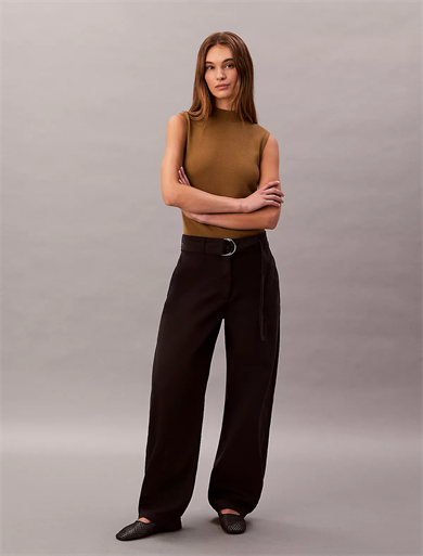 Calvin Klein Kadın Yüksek Bel Geniş Paça Belde Kemer Detay Dokuma Kumaş Siyah Pantolon LV044E619G-UB1