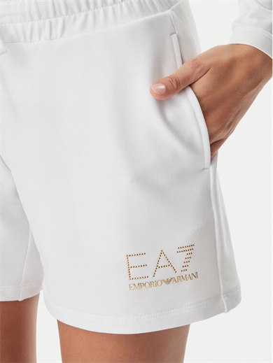 Ea7 Kadın Esnek Viskoz Kumaşlı Taşlı Detaylı Logo İşlemeli Beli Lastikli Kısa Beyaz Şort 7W000269 AF12482-U0002