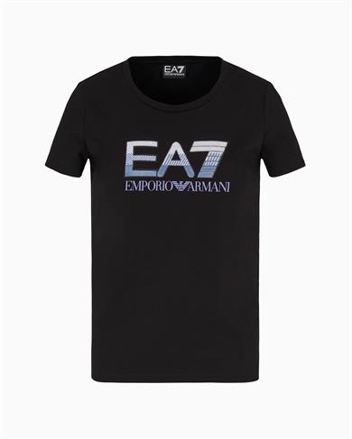 Ea7 Kadın Normal Kalıp EA7 Pul Logolu Yuvarlak Yaka Esnek Pamuklu Kısa Kollu Siyah T-Shirt 7W000183 AF10373-UC001