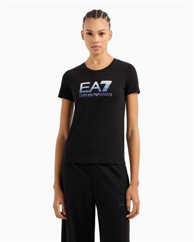 Ea7 Kadın Normal Kalıp EA7 Pul Logolu Yuvarlak Yaka Esnek Pamuklu Kısa Kollu Siyah T-Shirt 7W000183 AF10373-UC001
