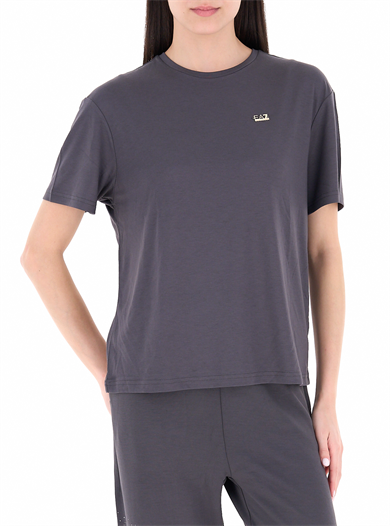 Ea7 Kadın Normal Kalıp Yuvarlak Yakalı Metalik Logo Detaylı Viskoz Karışımlı Kısa Kollu Gri T-Shirt 7W000189 AF13919-U8111