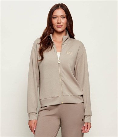 Ea7 Kadın Normal Kesim Sırtında Taş Desenli EA7 İşlemeli Dik Yaka Uzun Kollu Bej Sweatshirt 7W001487 AF24375-U6225