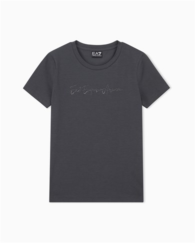 Ea7 Kadın Normal Kesim Yapay Taş Desenli Logo Detaylı Yuvarlak Yakalı Kısa Kollu Antrasit T-Shirt 7W001399 AF14880-U8117