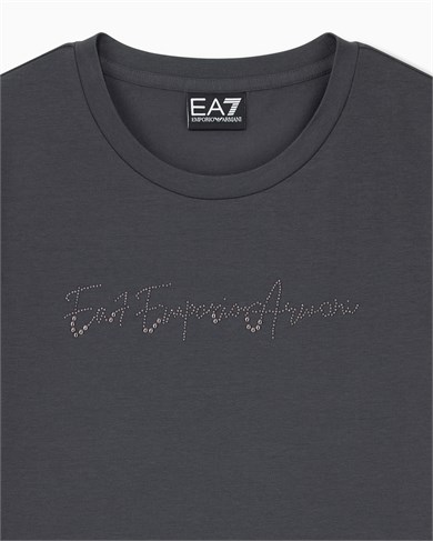 Ea7 Kadın Normal Kesim Yapay Taş Desenli Logo Detaylı Yuvarlak Yakalı Kısa Kollu Antrasit T-Shirt 7W001399 AF14880-U8117