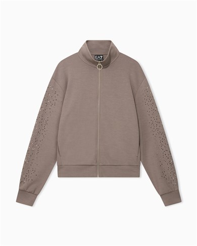 Ea7 Kadın Rahat Kalıp Düşük Omuzlu Kollarında Yapay Elmas Desenli Uzun Kollu Fermuarlı Bej Sweatshirt 7W001424 AF24375-U6100