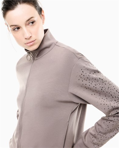 Ea7 Kadın Rahat Kalıp Düşük Omuzlu Kollarında Yapay Elmas Desenli Uzun Kollu Fermuarlı Bej Sweatshirt 7W001424 AF24375-U6100