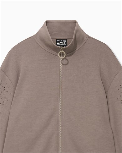 Ea7 Kadın Rahat Kalıp Düşük Omuzlu Kollarında Yapay Elmas Desenli Uzun Kollu Fermuarlı Bej Sweatshirt 7W001424 AF24375-U6100